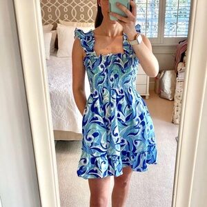 Hill House The Elizabeth Nap Dress in Ocean Kaleidoscope Blue Linen Size Medium